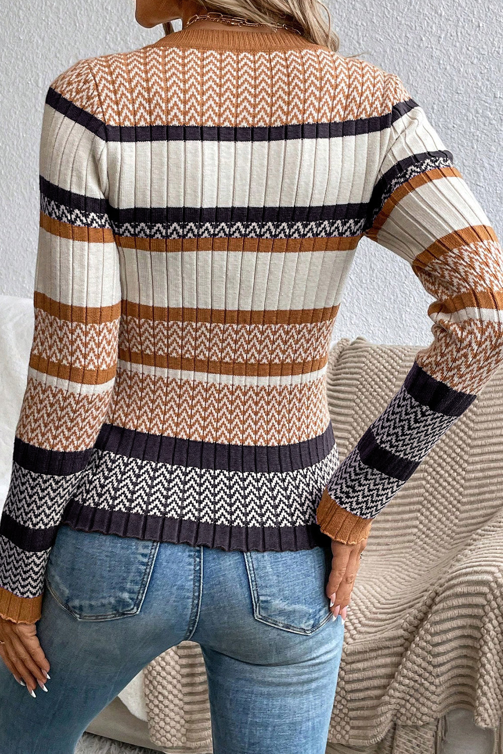 Brown Rust Stripe Rib Knit Fitted Crew Neck Sweater
