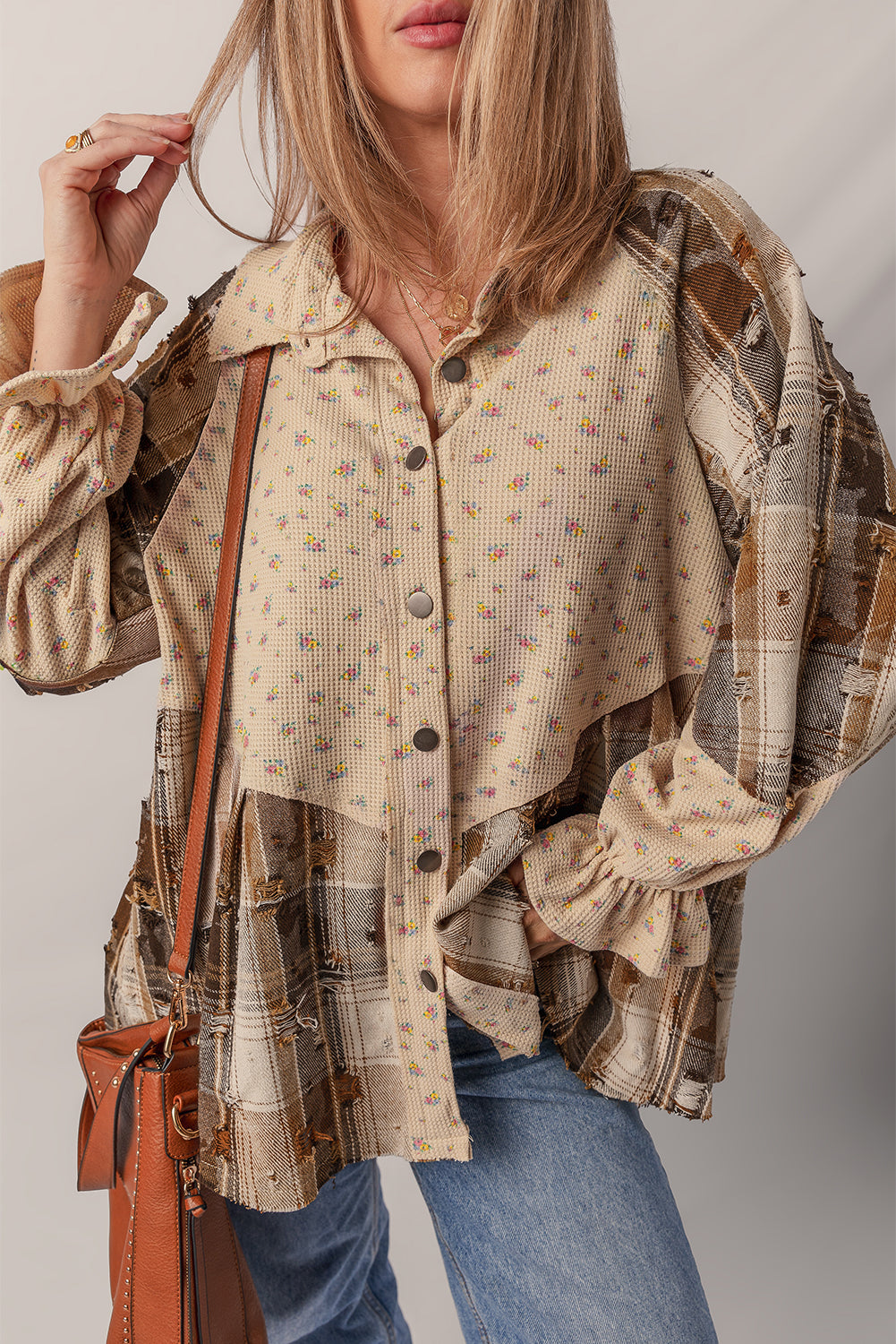 Brown and Beige Mini Floral Plaid Patchwork Distressed Ruffly Waffle Knit Shacket