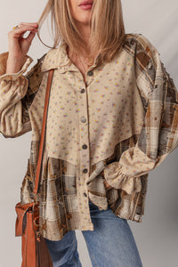 Brown and Beige Mini Floral Plaid Patchwork Distressed Ruffly Waffle Knit Shacket