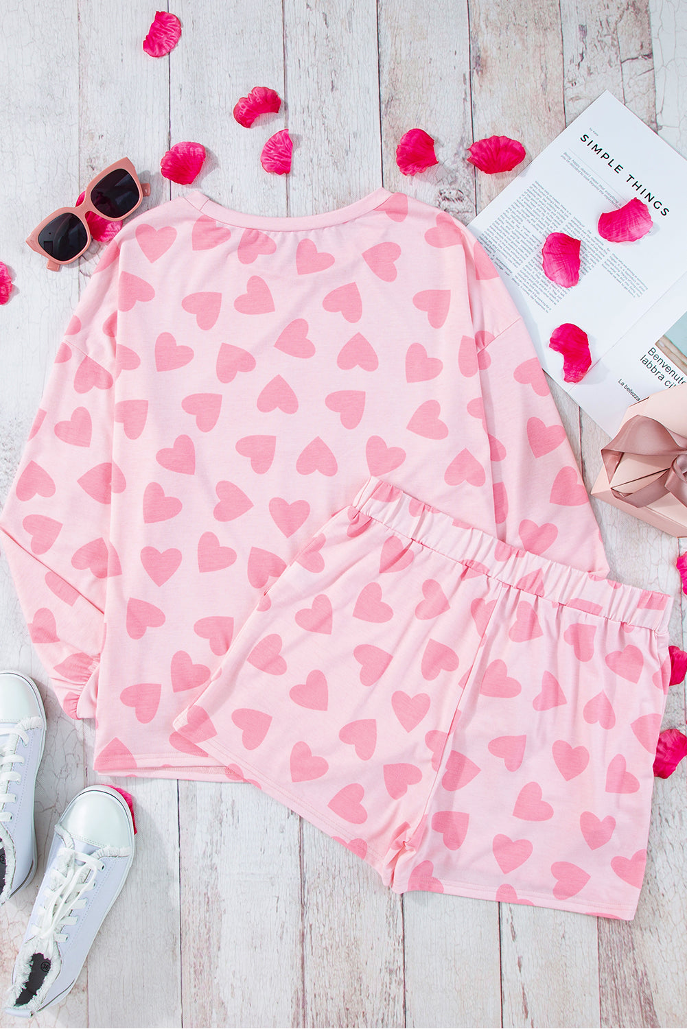 Pink Valentine Hearts Long Sleeve Top & Shorts Lounge Set