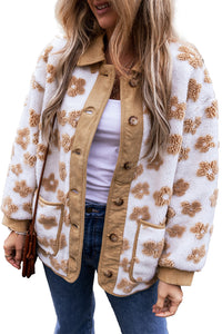 Beige Flowered Design Button Up Fleece Jacket