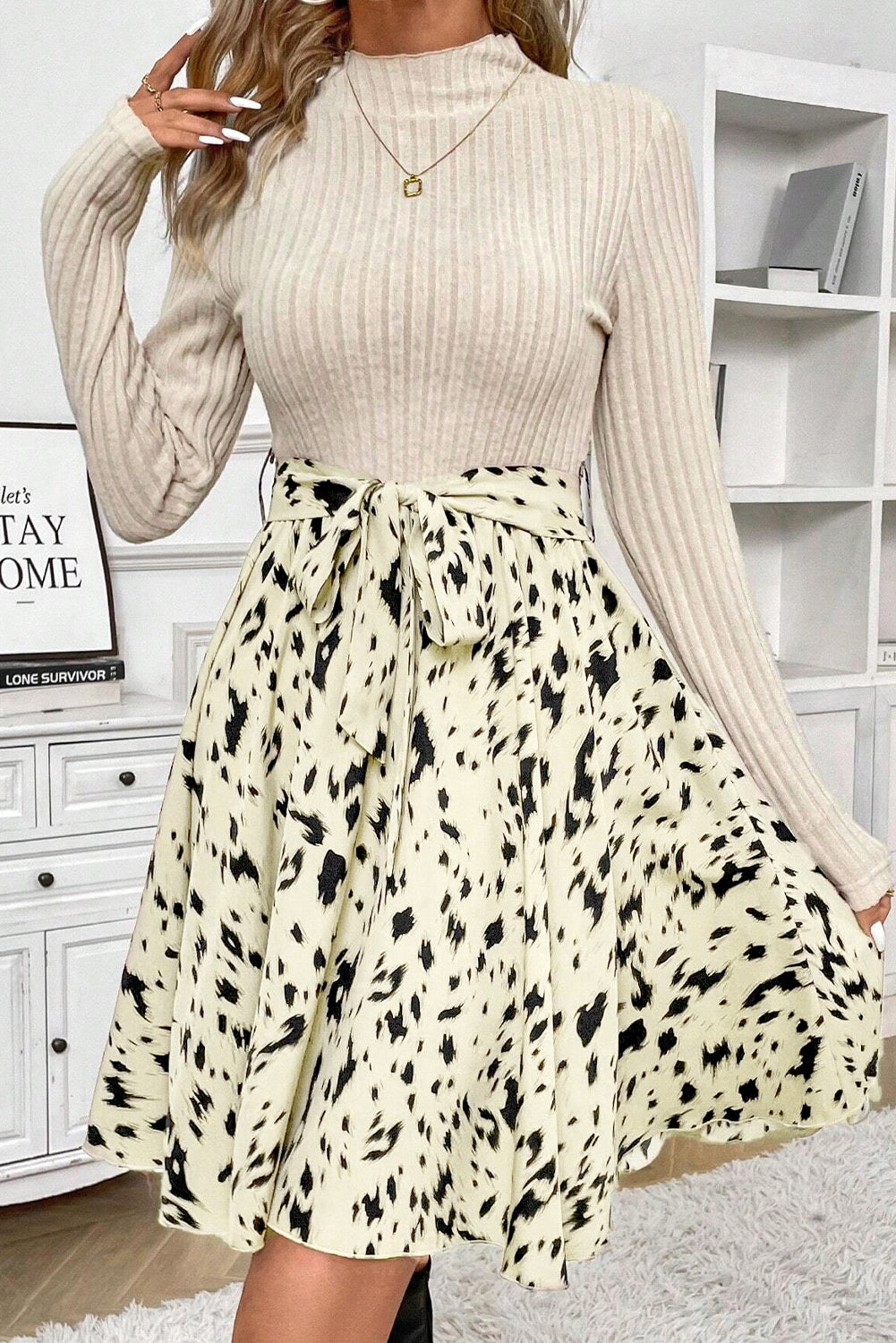 Beige Ribbed Knit Abstract Print Tie Belt A-line Dress