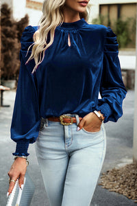 Sapphire Tie Back Neck Ruffly Sleeve Velour Blouse