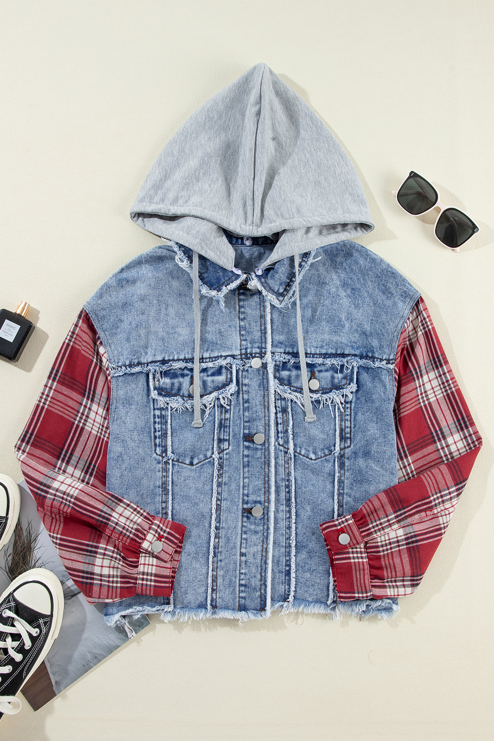 Raw Hem Denim Hooded Button Up Jacket with Red Plaid Sleeves