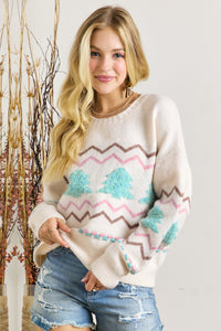 Pink & Tan Chevron Stripes with Turquoise Trees Design Knit Sweater