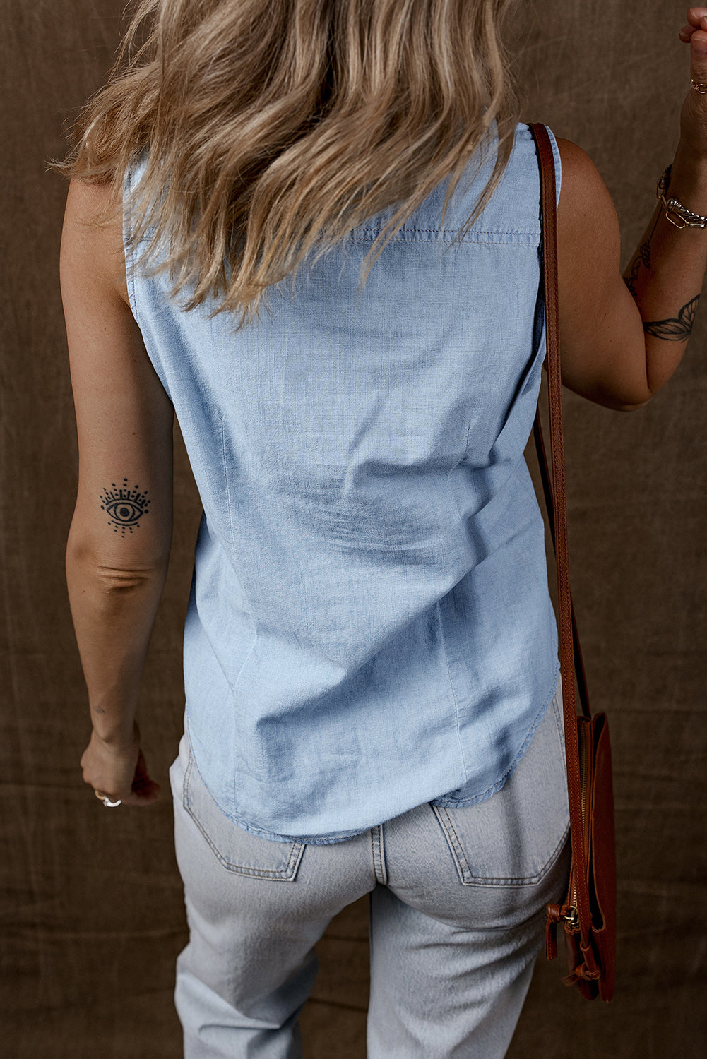 Light Blue Denim Button Up Collared Sleeveless Shirt