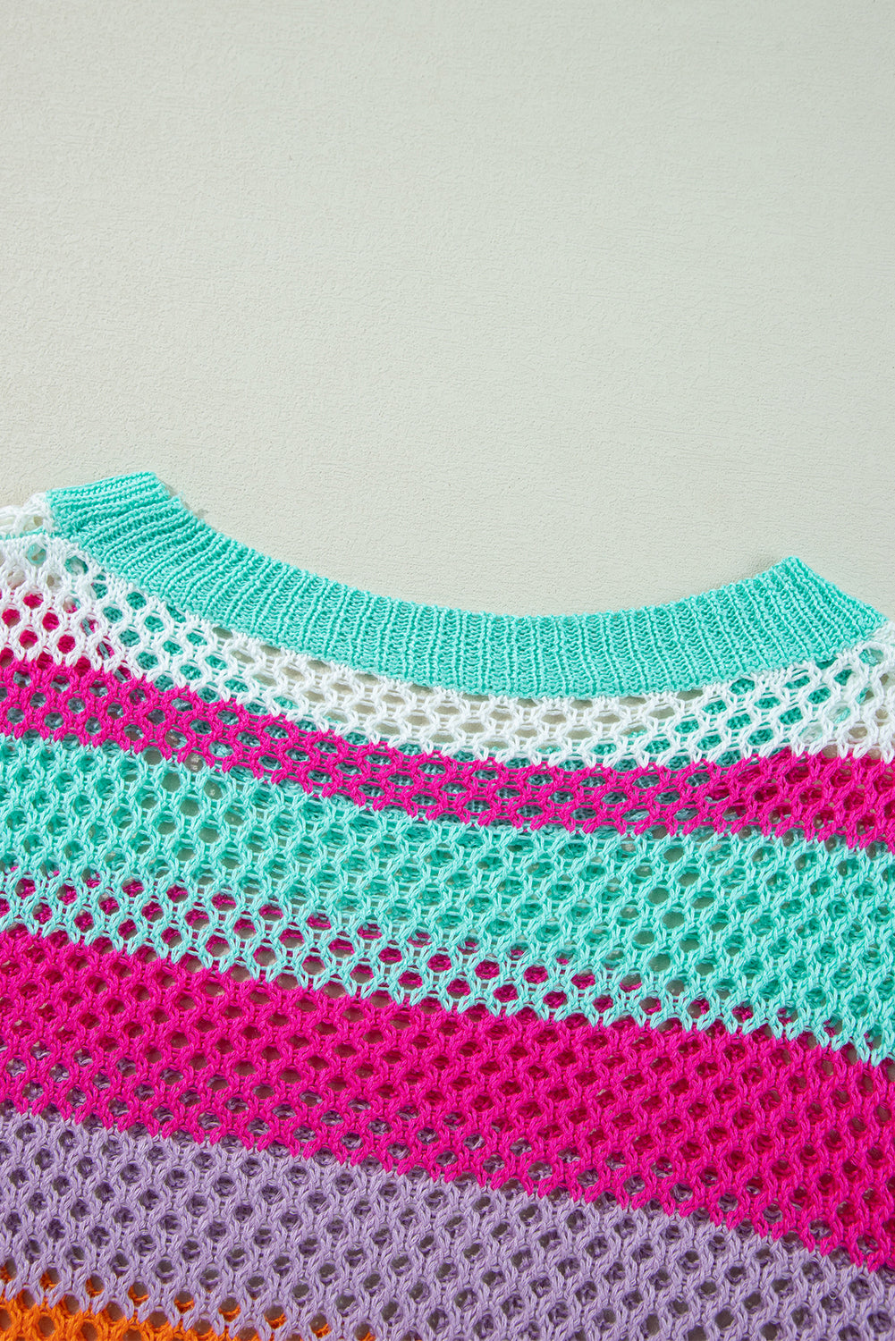 Mint Pink Lavender Stripe Crochet Open Knit Sweater