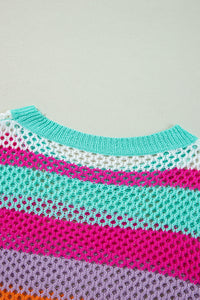 Mint Pink Lavender Stripe Crochet Open Knit Sweater