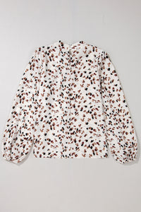 White with Brown & Black Confetti Print Lantern Sleeve Mock Neck Pleated Blouse