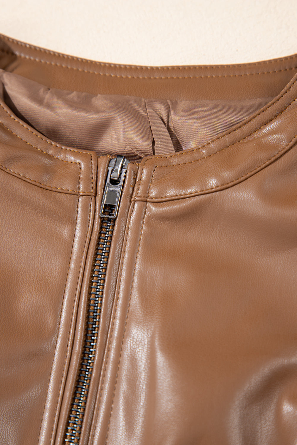 Chestnut Faux Leather Zip Up Slim Fit Bomber Jacket