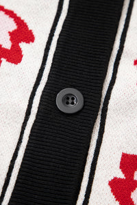 Red and Black Floral Print Button Down V-Neck Knit Cardigan