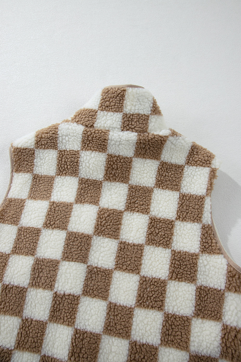 Brown & Cream Checkered Zip Up Sherpa Vest w/Zip Chest Pocket