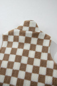 Brown & Cream Checkered Zip Up Sherpa Vest w/Zip Chest Pocket