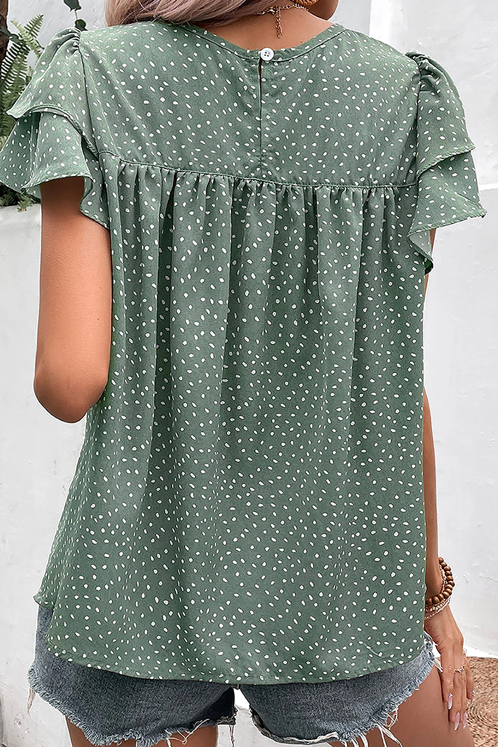 Mossy Green Dotted Ruffle Short Sleeve Blouse