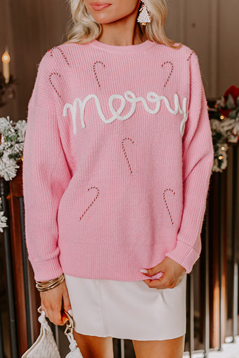 Pink Merry Candy Cane Crew Neck Knit Sweater