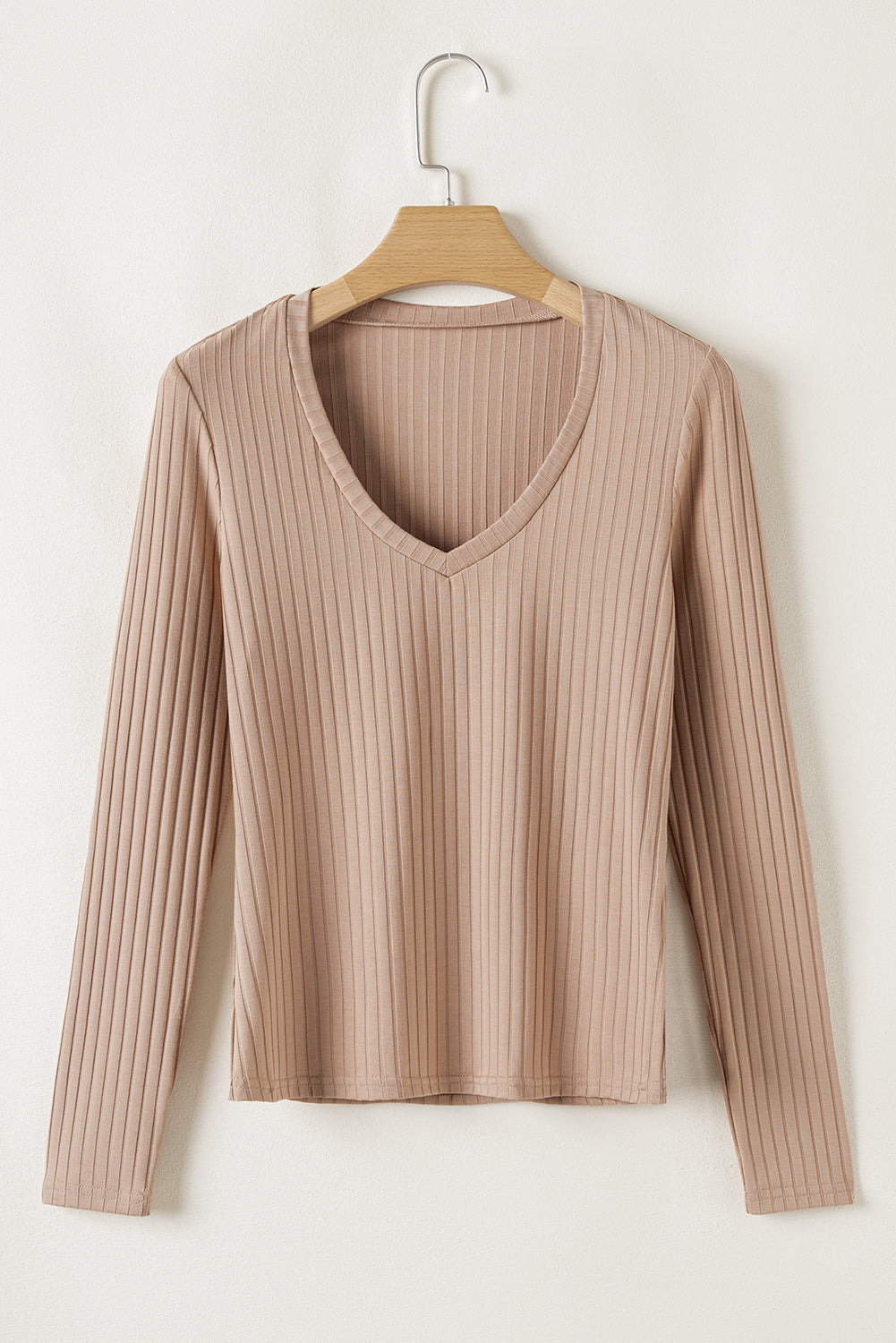 Beige Ribbed Knit V-Neck Long Sleeve Slim Fit Top