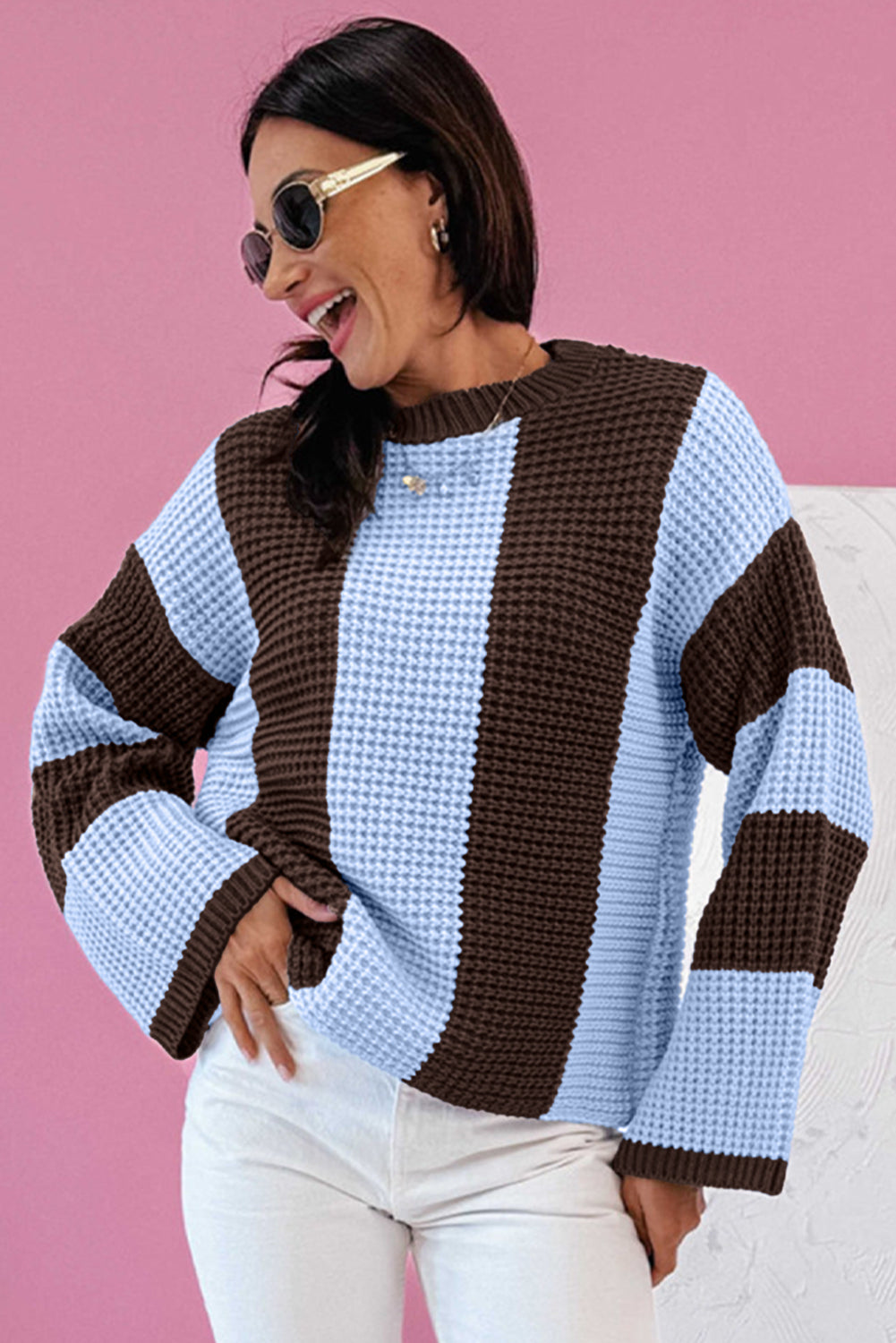 Vertical Stripe Texture Knit Drop Shoulder Sweater