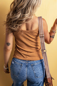 Warm Mustard Ribbed Front Tie Button Strappy Tank