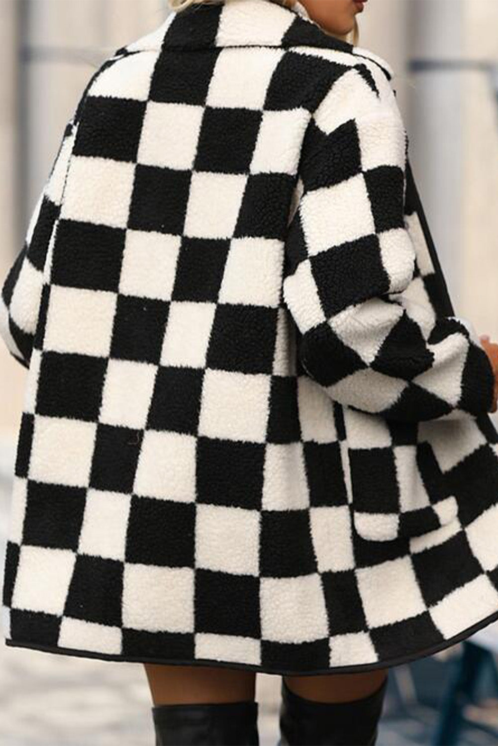 Black and White Checkered Button Up Collard Fleece Coat