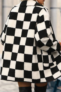 Black and White Checkered Button Up Collard Fleece Coat