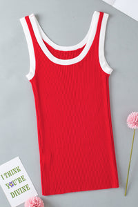 Red and White Trimmed Ribbed Stretch Knit U-Neck Tank Top