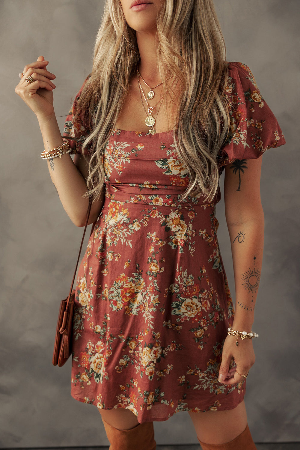 Rust Floral Puff Sleeve Square Neck Knot Open Back Mini Dress