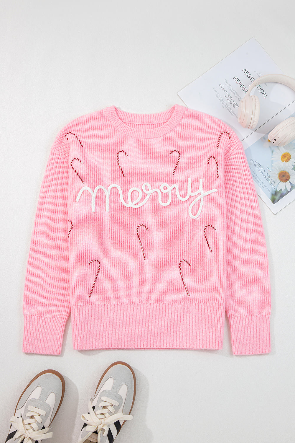 Pink Merry Candy Cane Crew Neck Knit Sweater