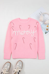 Pink Merry Candy Cane Crew Neck Knit Sweater