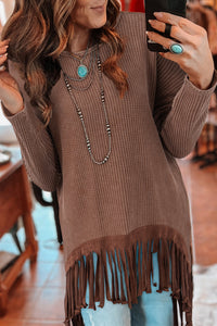 Brown Waffle Knit Fringed High Low Long-sleeve Top