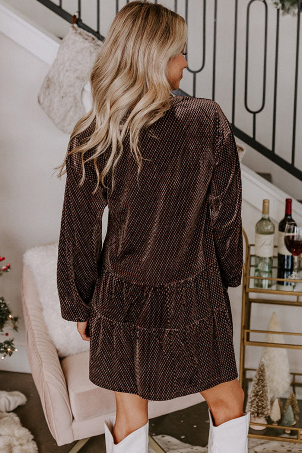 Dark Brown Textured Velvet V-Neck Shift Dress