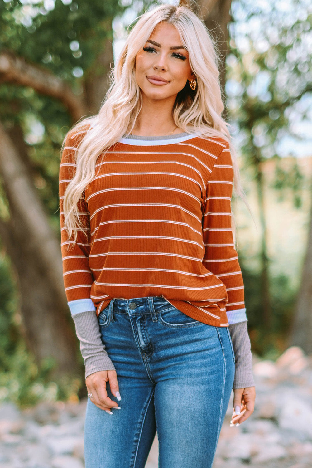 Rust Striped Color Block Long Sleeve  Rib Knit Shirt