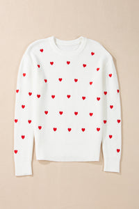 White with Red Hearts Drop Shoulder Round Neck Sweater