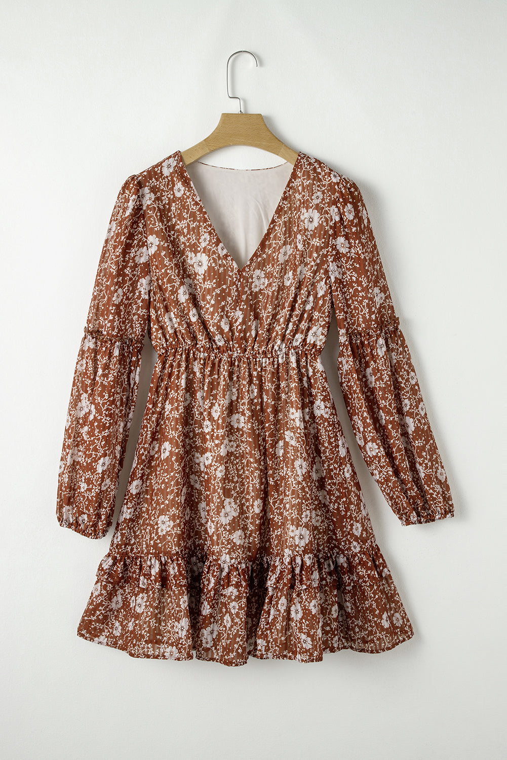 Brown Boho Floral Ruffled Puff Sleeve V-Neck Mini Dress