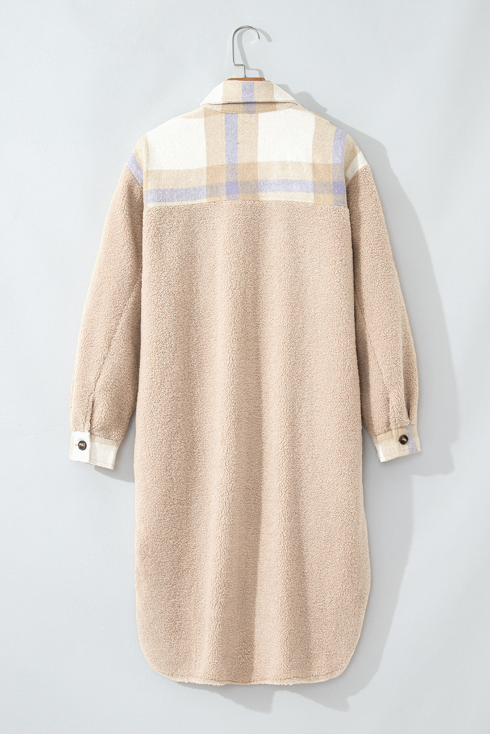 Beige Plaid Patchwork Collared Button-up Sherpa Long Coat