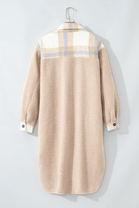 Beige Plaid Patchwork Collared Button-up Sherpa Long Coat