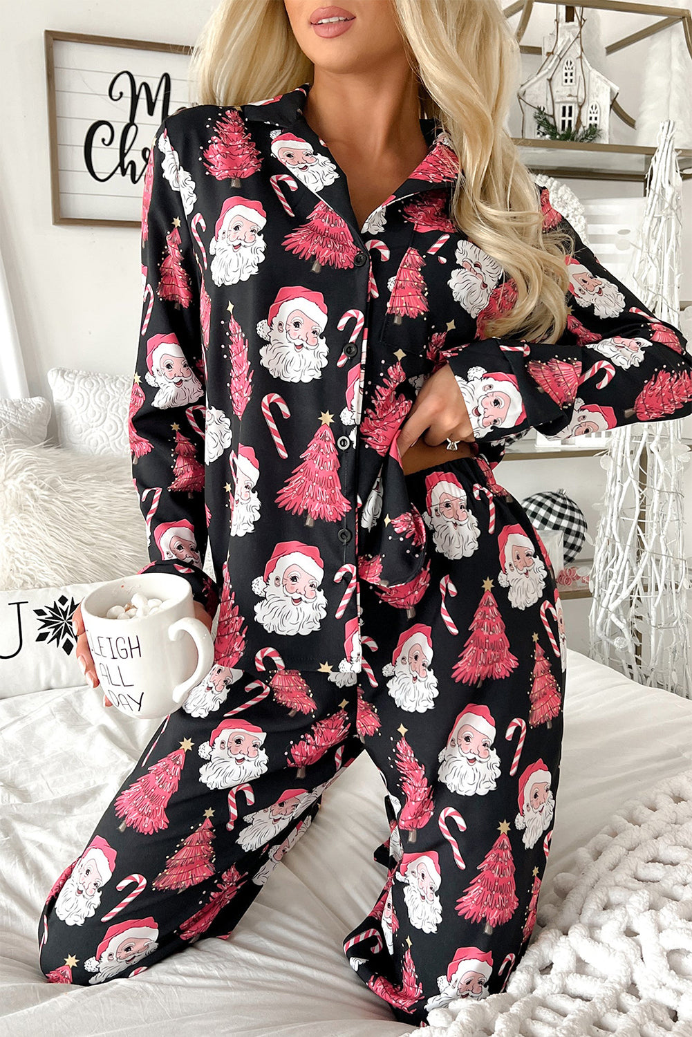 Black with Pink Christmas Trees & Santas Pajama Set