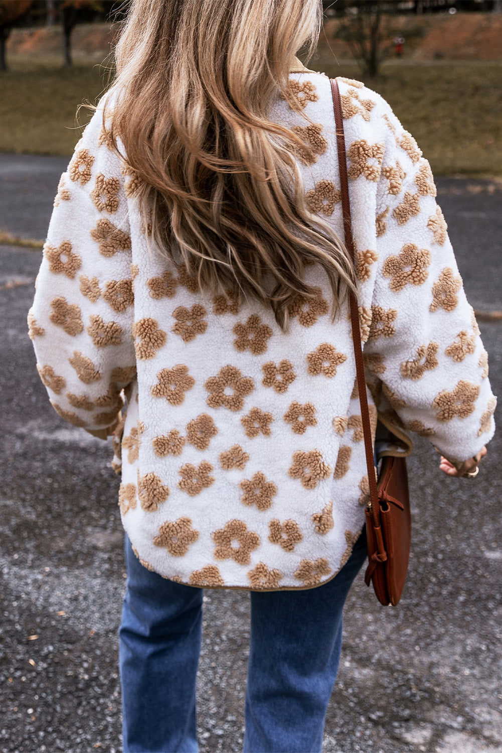 Beige Flowered Design Button Up Fleece Jacket