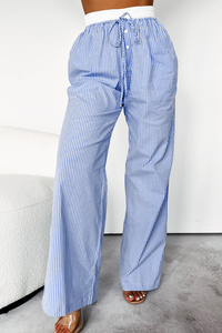 Sky Blue Stripe Wide Leg Drawstring Elastic High Waist Pants