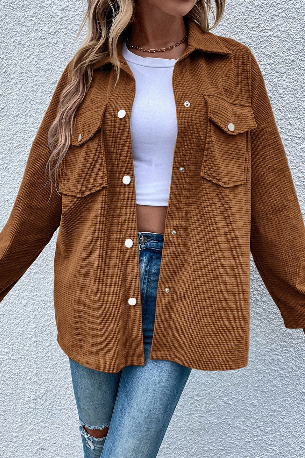 Rustic Brown Textured Flap Chest Pockets Snap Up Oversized Shirt