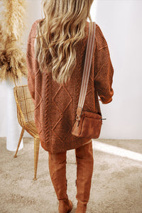 Rustic Fall Drop Shoulder Loose Fit Cable Knit Sweater Dress