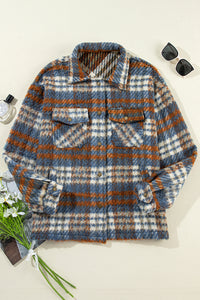 Rust and Blue Plaid Button Down Jacket with Chest and Side Pockets