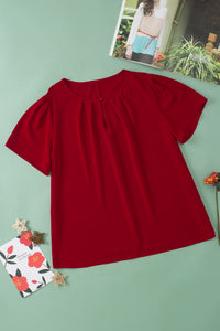 Red Keyhole Pleated Crew Neck Plus Size Short Sleeve Blouse