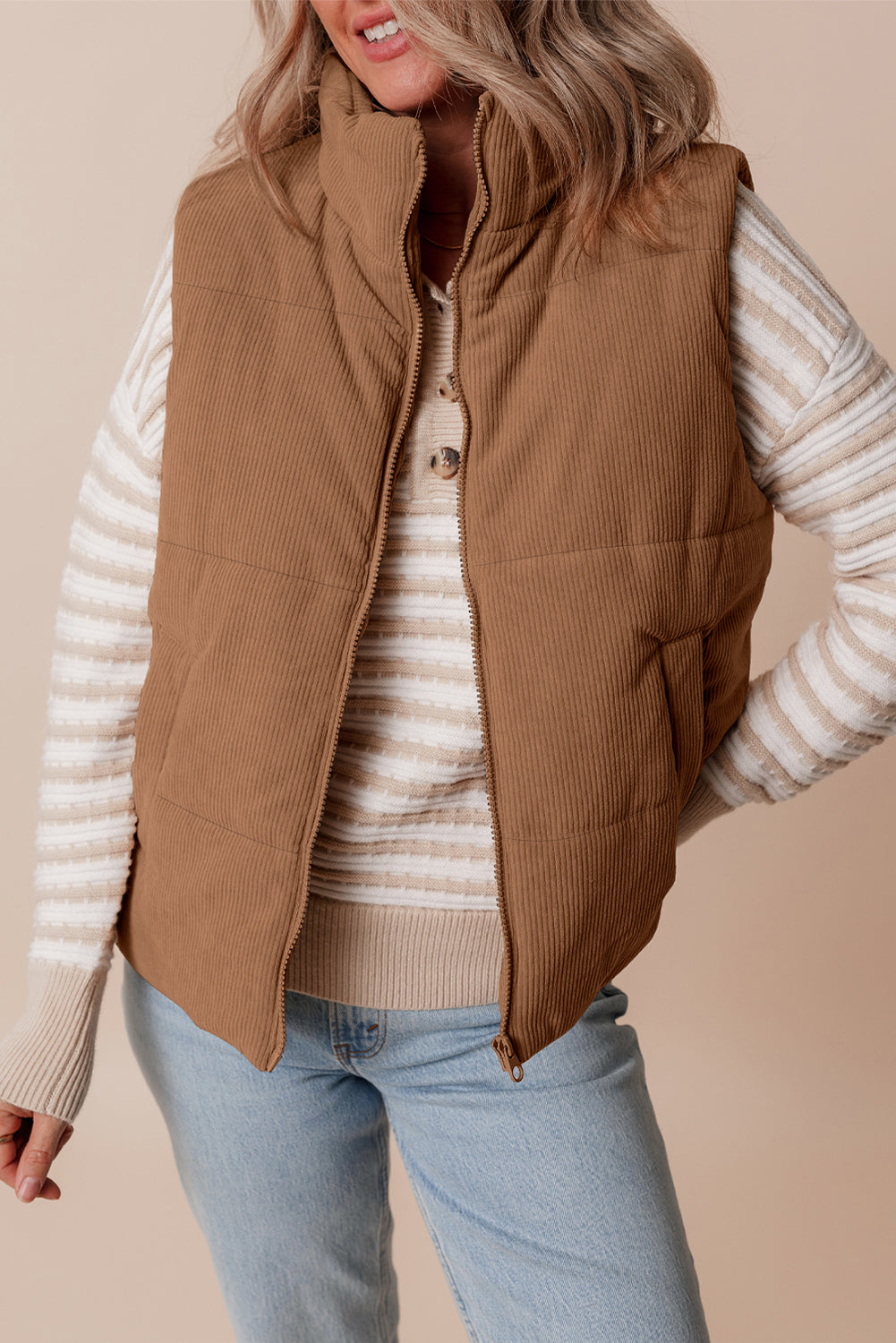 Light Brown Corduroy Zip Up  Mock Neck Puffer Vest