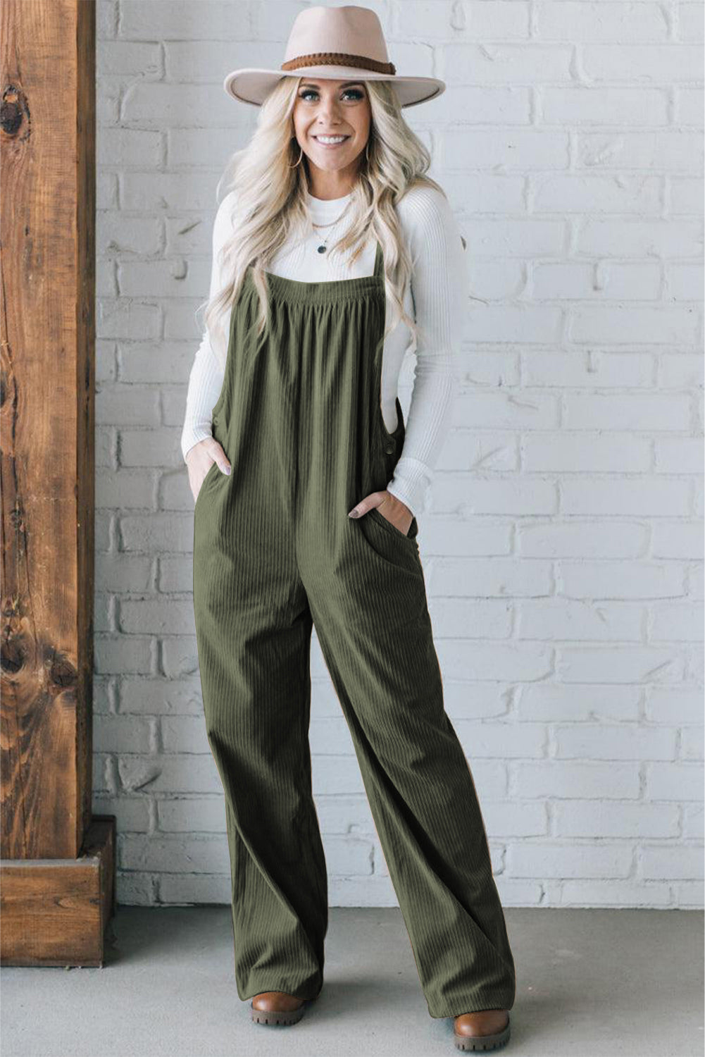 Forest Green Khaki or Black Solid Pocketed Loose Fit Corduroy Overalls