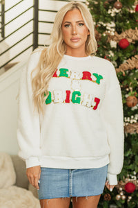 White Christmas Merry & Bright Embossed Graphic Sherpa Sweatshirt