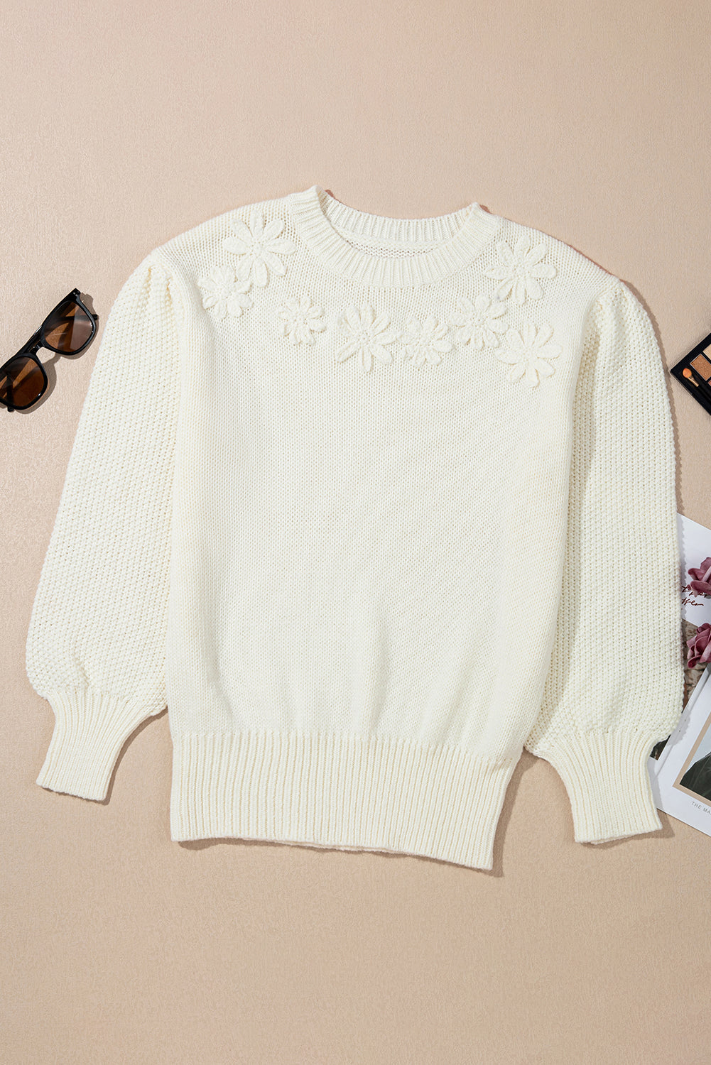 White Flower Embossed Neckline Puff Sleeve Sweater