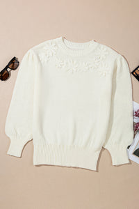 White Flower Embossed Neckline Puff Sleeve Sweater