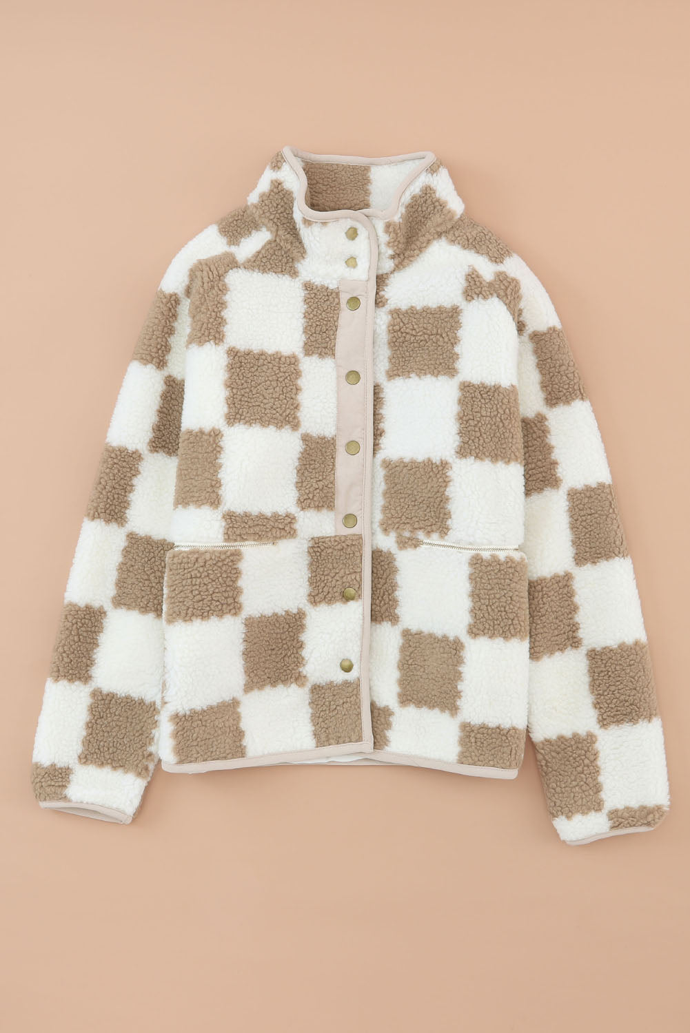 Brown & Cream Checked Snap Button Up Sherpa Jacket