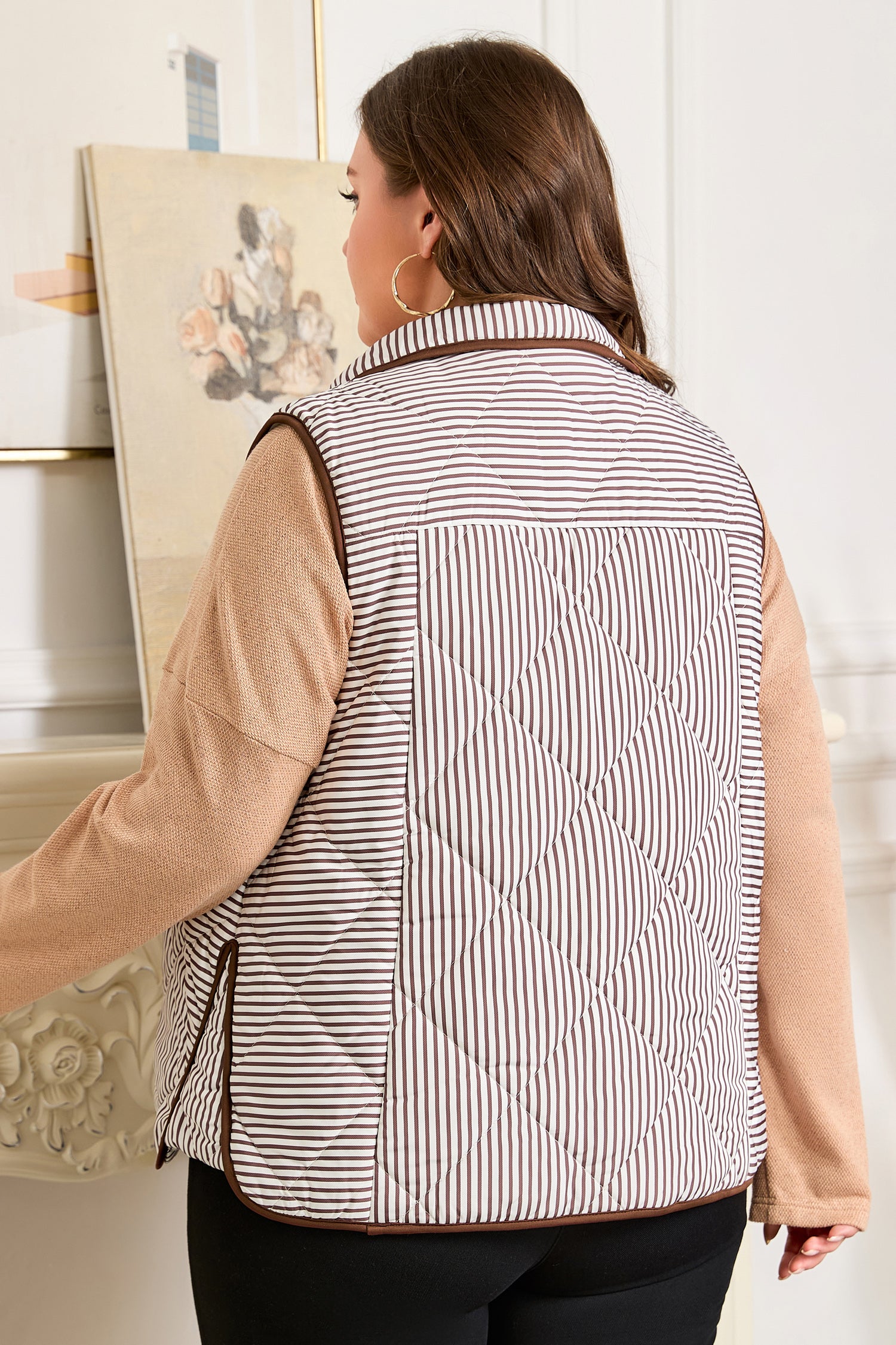 Plus Size Brown Stripe Contrast Trim Snap Up Quilted Vest