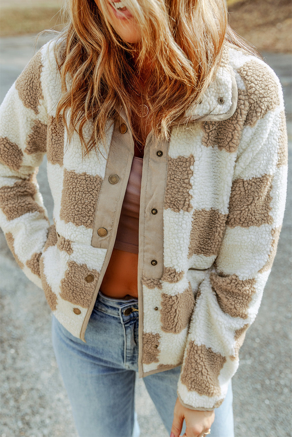 Brown & Cream Checked Snap Button Up Sherpa Jacket